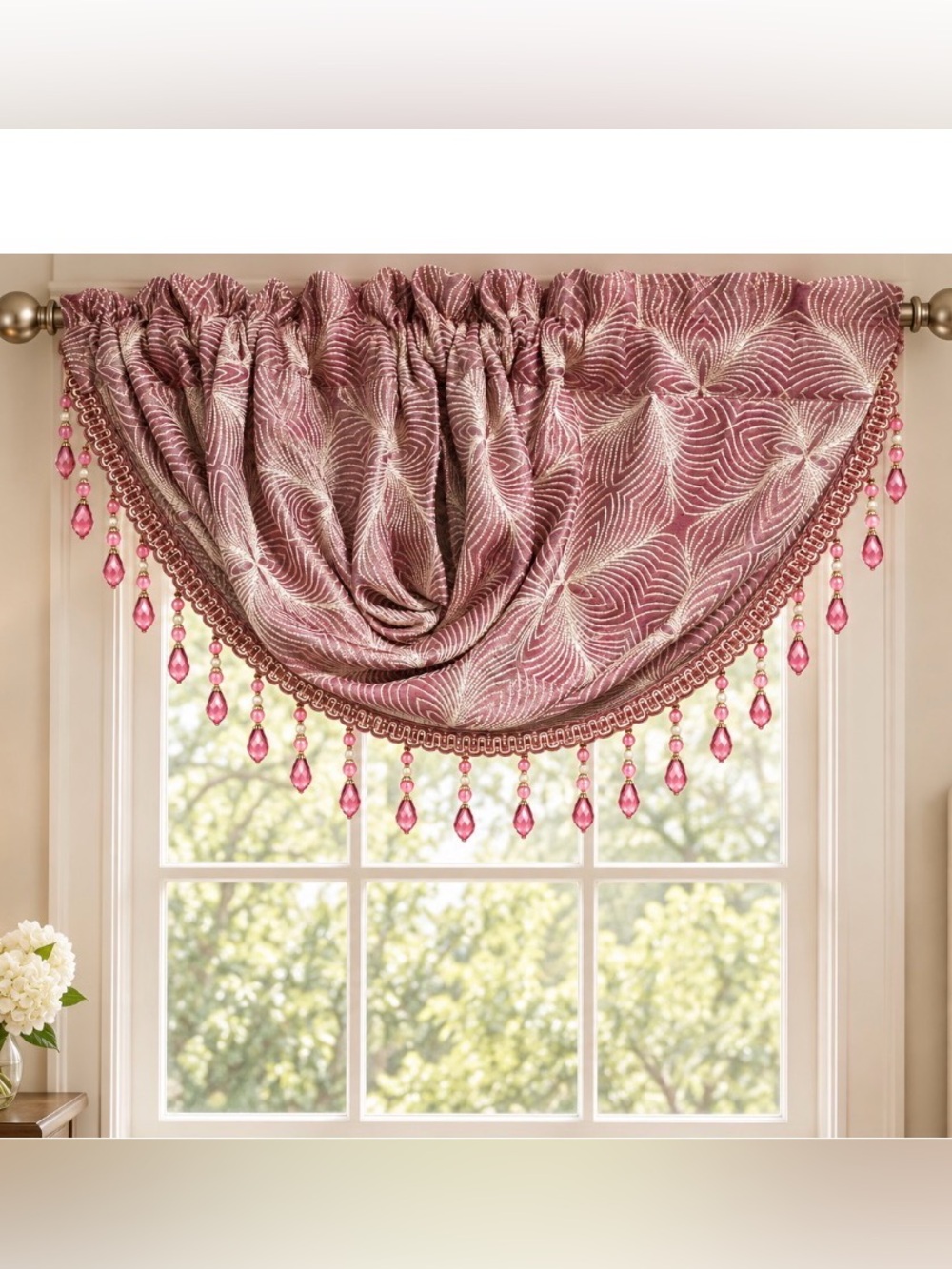 6-Piece Pink Beaded Window Valance Curtain Set